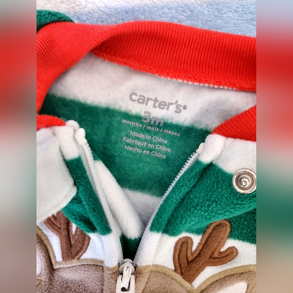 Carter's Christmas boys reindeer green/red striped 3m sleeper - Picture 3 of 3